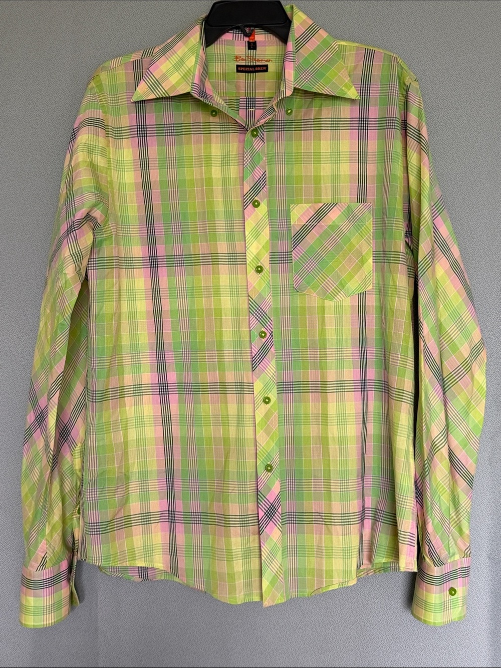 Ben Sherman Special Brew Green Pink Plaid Button Down Shirt Large